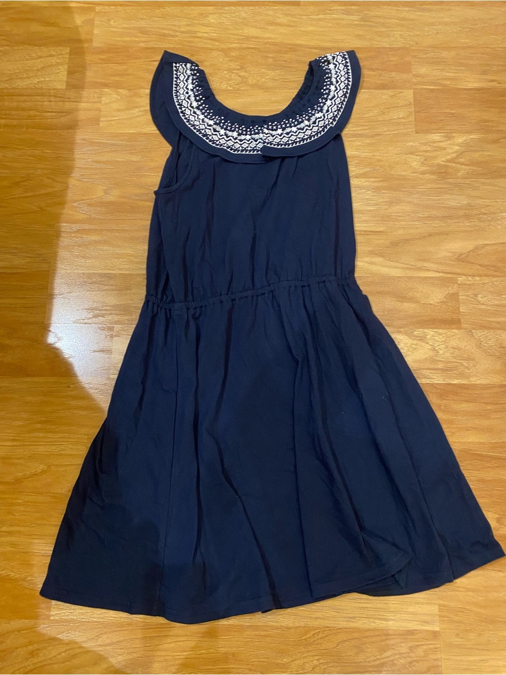 Navy Sleeveless Girls Dress with Embroidered Collar Children Place